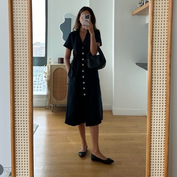 Quince 100% European Linen Button Front Midi Dress Black Belted NEW Sz M - Picture 5 of 7